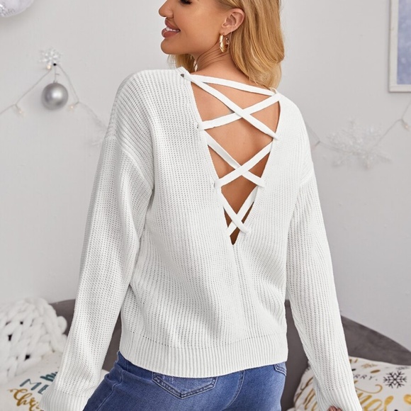 fall lace up back v neck knit sweater burgundy - Picture 8 of 11